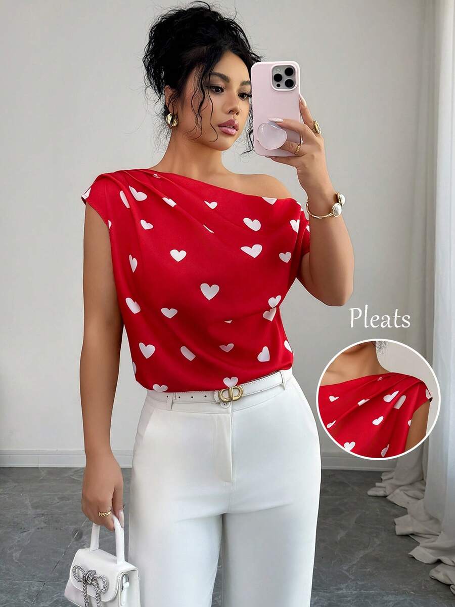 Rafferiza Women's Chic Red Heart Print Off-The-Shoulder Short-Sleeved Blouse,Summer Red And White Gathered Top For Party,Vacation,Valentine's Day & Casual Wear - Red - View 1