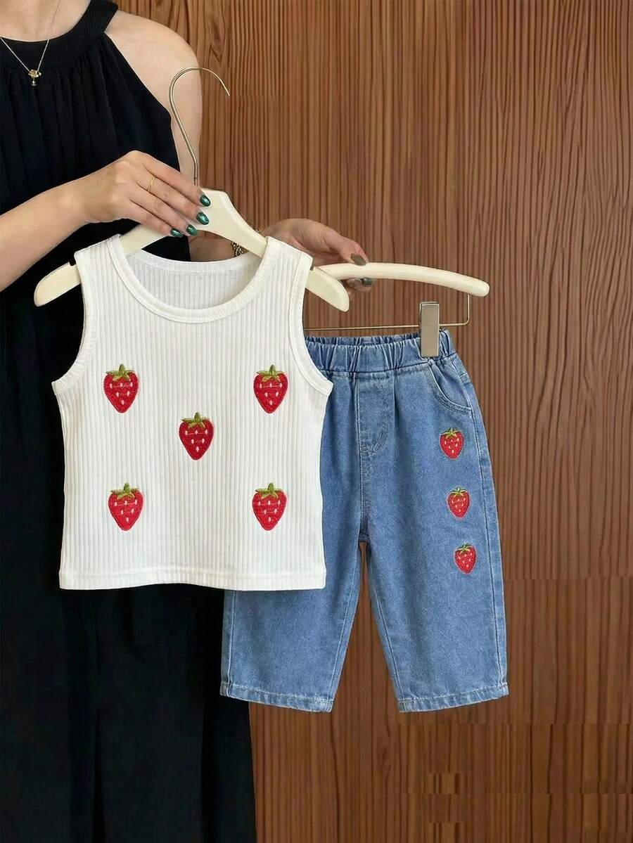 SHEIN 女婴草莓刺绣圆领背心搭配牛仔裤休闲装 - 彩色 - 查看 1