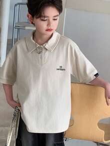 DAZY Tween Boy Letter Print Drop Shoulder Loose Fit Polo Collar T-Shirt - Apricot - View 6