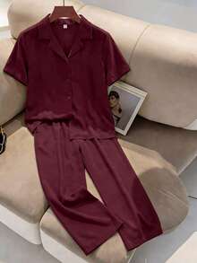 Franclia 女士优雅两件套：短袖衬衫，松紧腰抽绳裤 - 紅色 - 查看 5