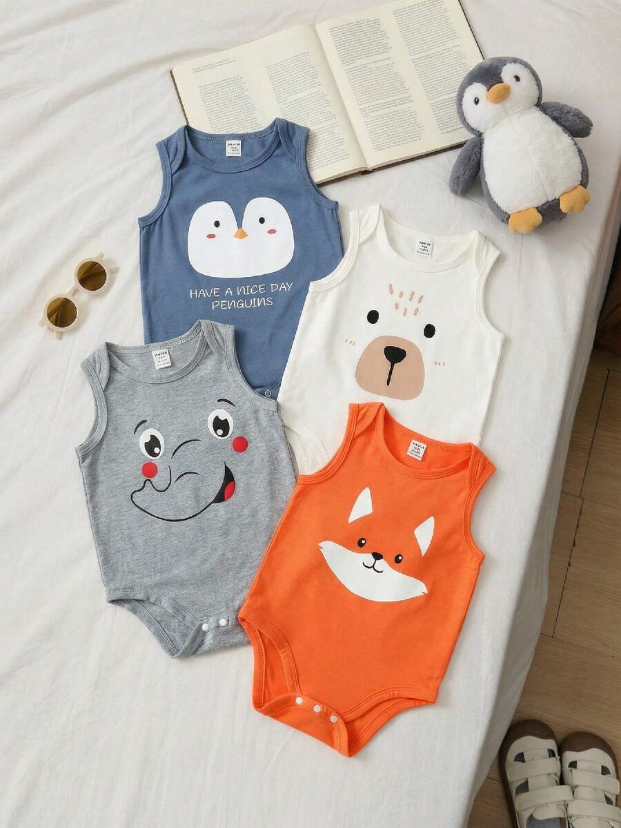 4pcs Newborn Baby Unisex Casual Knitted Rabbit & Fox Cartoon Pattern Sleeveless Romper Set, Summer & Spring Baby Boy Sleeveless Romper Baby Animal Clothes Baby Cartoon Clothes Anime Baby Boy Clothes - Multicolor - View 1
