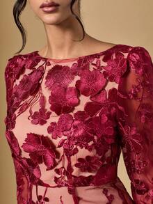 Briarwyn 女士优雅派对3D立体花卉刺绣网纱连衣裙 - 酒紅色 - 查看 1