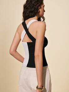 Poéselle Áo nữ cổ yếm ôm sát, phối màu tương phản, đính kim loại, chất liệu gân, thích hợp mặc đi chơi, thanh lịch, thường ngày, đi biển, màu đen, thích hợp cho ngày Valentine, sinh nhật, mùa xuân/hè. - Đen và trắng - Xem 8