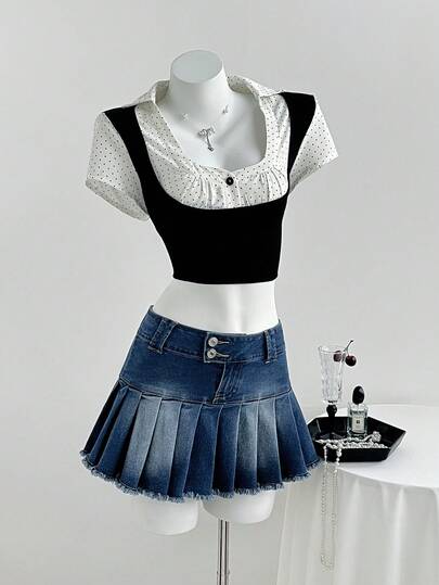 Elamini Women's Button Pleated Fringe Hem Fashionable Versatile Date Party Denim Mini Skirt