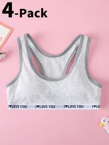 4pcs Tween Girl Letter Jacquard Crew Neck Bralette Underwear, Solid Color - Multicolor - View 3