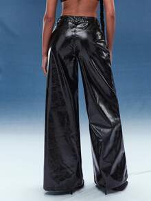 Normani 女士外出性感复古波西米亚风机车仿蜡皮低腰阔腿裤 - 黑色 - 查看 2