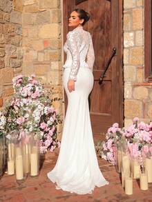 Glamrae 优雅奢华的薄纱袖弹力蕾丝贴花珍珠蕾丝拼接弹力针织美人鱼裙性感无肩带长拖尾，适合婚礼、派对、度假、舞会、新娘礼服 - 米色 - 查看 5