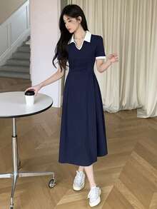 DAZY Robe mi-longue plissée à col polo blocs de couleurs pour femmes, robe chemise de plage, robes décontractées pour femmes - Bleu marine - Voir 6
