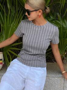 DAZY Women's Round Neck Waist Cinched Short Sleeve Casual T-Shirt, Textured Fabric - Grey - View 3