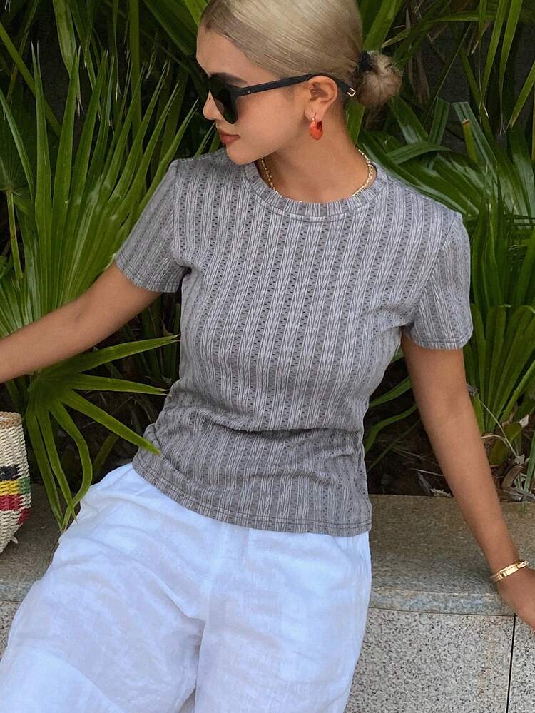 Women's Round Neck Waist Cinched Short Sleeve Casual T-Shirt, Textured Fabric Summer