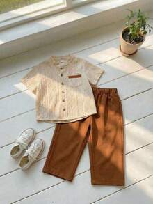 2pcs Young Boys Collared Short Sleeve Jacquard Knit Shirt With Pocket + Elastic Waist Wide Leg Pants Casual Suit, Brown & Khaki, Suitable For Spring/Summer Everyday Wear - Khaki - View 9