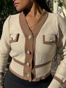 Tyla Gomez Women's Autumn Contrast Color Long Sleeve Button Design Casual Business Cardigan,Ladies Spring/Fall Casual Button Regular Sleeve V Neck Regular Fit Multicolor Colorblock Women Cardigans,Casual Daily Wear,Long Sleeve Tops - Multicolor - View 4