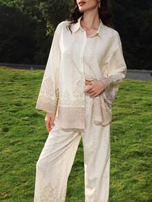 Mulvari Women's Casual Vacation Style Plant Print Drop Shoulder Loose Flare Sleeve Shirt And Wide Leg Pants Set, Spring/Autumn - Multicolor - View 2