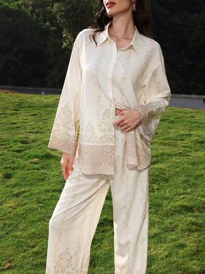 Mulvari Women's Casual Vacation Style Plant Print Drop Shoulder Loose Flare Sleeve Shirt And Wide Leg Pants Set, Spring/Autumn