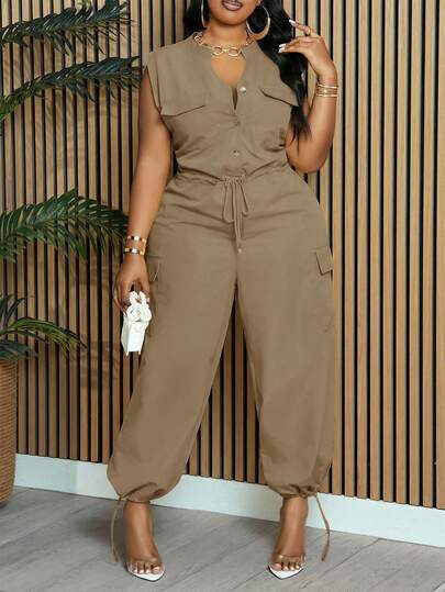 Slaydiva Plus Size Women Elegant & Commute & Daily Solid Color Yellow Sleeveless Mandarin Collar Open Front Drawstring Waist Jumpsuit With Pockets, Adjustable Hem, Spring/Summer