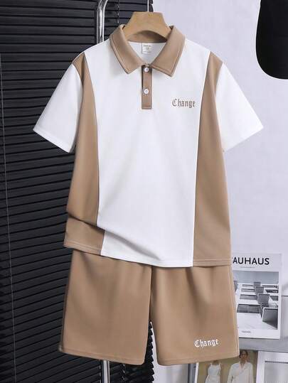 SHEIN Set de 2 piezas de polo y shorts con bloques de color estilo universitario casual para niño preadolescente, adecuado para ir y venir, ir a la escuela, uso casual diario y deportes, traje de verano para niños, ropa de resort para niños