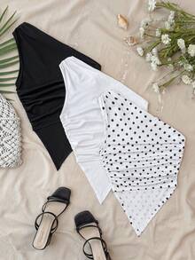 SHEIN 3pcs/Set Teen Girls' Casual Vacation Asymmetric Ruched Hem Camisole, Spring/Summer, Asymmetrical Top, Summer Tops, Polka Dot Top - Black and White - View 2