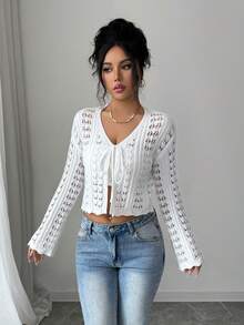 Selianne 女士优雅修身镂空纹理喇叭袖开衫，春夏款 - 白色 - 查看 3