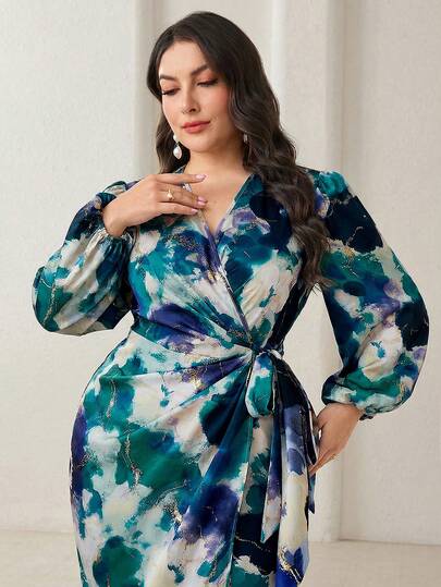 Modelyn Plus Size Color Block Lantern Sleeve Wrap Elegant Dress Plus Size Women Dress Wrap Dress Floral Dress