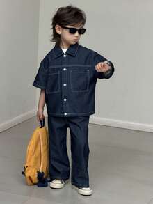 DAZY 男童休闲短袖衬衫和牛仔裤套装 - 藍色 - 查看 7