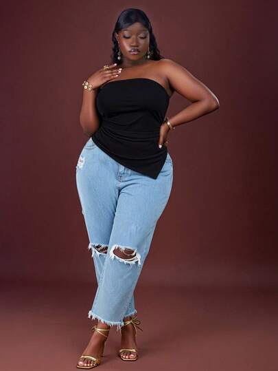 CurvyTilda 大码女式抹胸纯色米色弹力针织紧身荷叶边不对称设计下摆背心