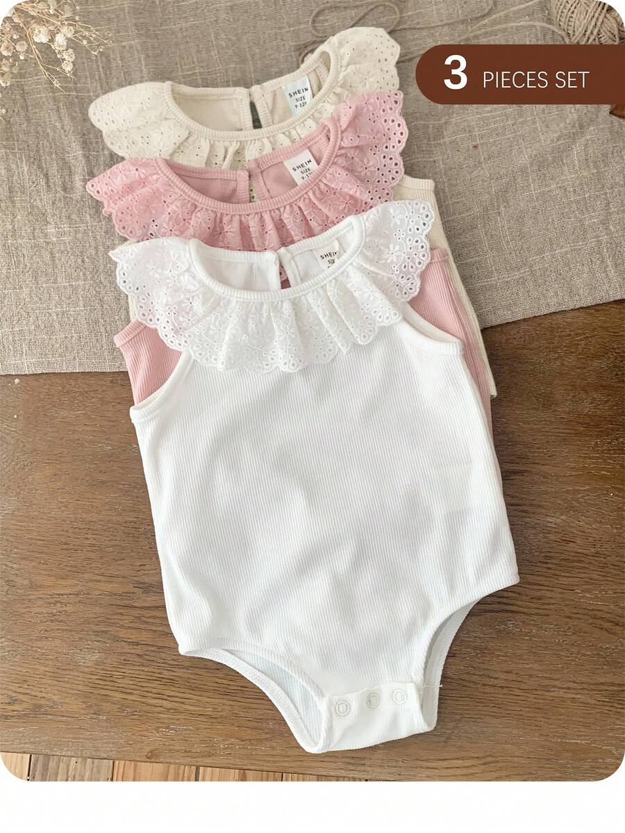 3pcs/Set Newborn Baby Girl Cute Knitted Ruffle Romper Set, Summer - Multicolor - View 1