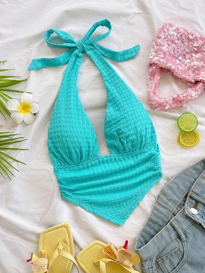 Soleia Top corto ajustado con cuello de halter y tirantes anudados, con bajo triangular, de tela texturizada, adecuado para vacaciones, festivales de música, estilo bohemio, días festivos, citas, tardes de té