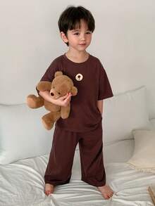 DAZY 男童泰迪绒拼接刺绣落肩宽松上衣和裤子睡衣套装，春夏秋季 - 棕色 - 查看 6