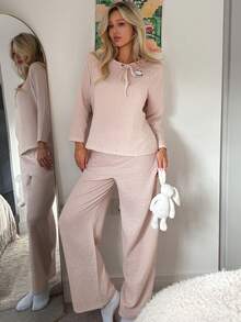 DAZY 2pcs Cartoon Bear Pattern Loose Long Sleeve & Long Pants Women Pajama Set - Pink - View 5