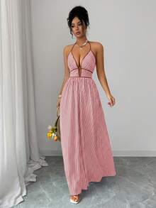 Elenzga Đầm yếm cổ chữ V sâu gợi cảm dành cho nữ - Hồng - Xem 6