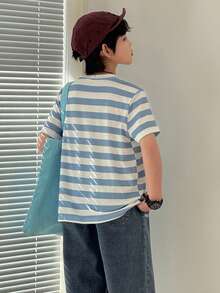 DAZY Camiseta casual de manga corta y cuello redondo con rayas para niño preadolescente, de corte holgado y versátil - Azul - Ver 6