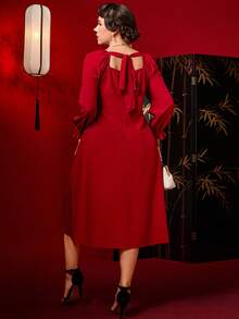 SHEIN Clasi 女士纯色中国风撞色纽扣长袖连衣裙，适合节日和新年穿着 - 紅色 - 查看 2