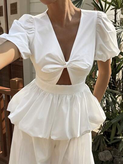 Livesso 春夏镂空白色衬衫，正面系蝴蝶结，休闲度假沙滩荷叶边下摆短袖女式衬衫