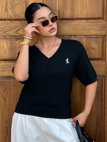 Dazy Plus V领刺绣马图案休闲短款黑色针织上衣，春夏款 - 黑色 - 查看 6