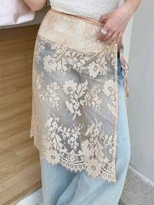 Dazy Plus Elastic Waist Lace Layered Versatile Sheer Skirt - Khaki - View 5