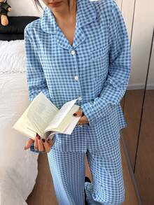 Dream Adore 泡泡纹理格子领开衫和裤子睡衣套装 - 彩色 - 查看 5