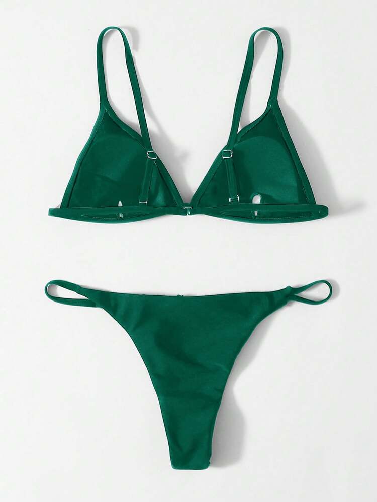 Swim Basics 2026SS New Women's Dark Green Bikini Set,Summer Beach Holiday Bathing Suits,High Cut Double Lined Solid Color Vintage Boho Elegant Brazil Swimwear - Dark Green - View 2