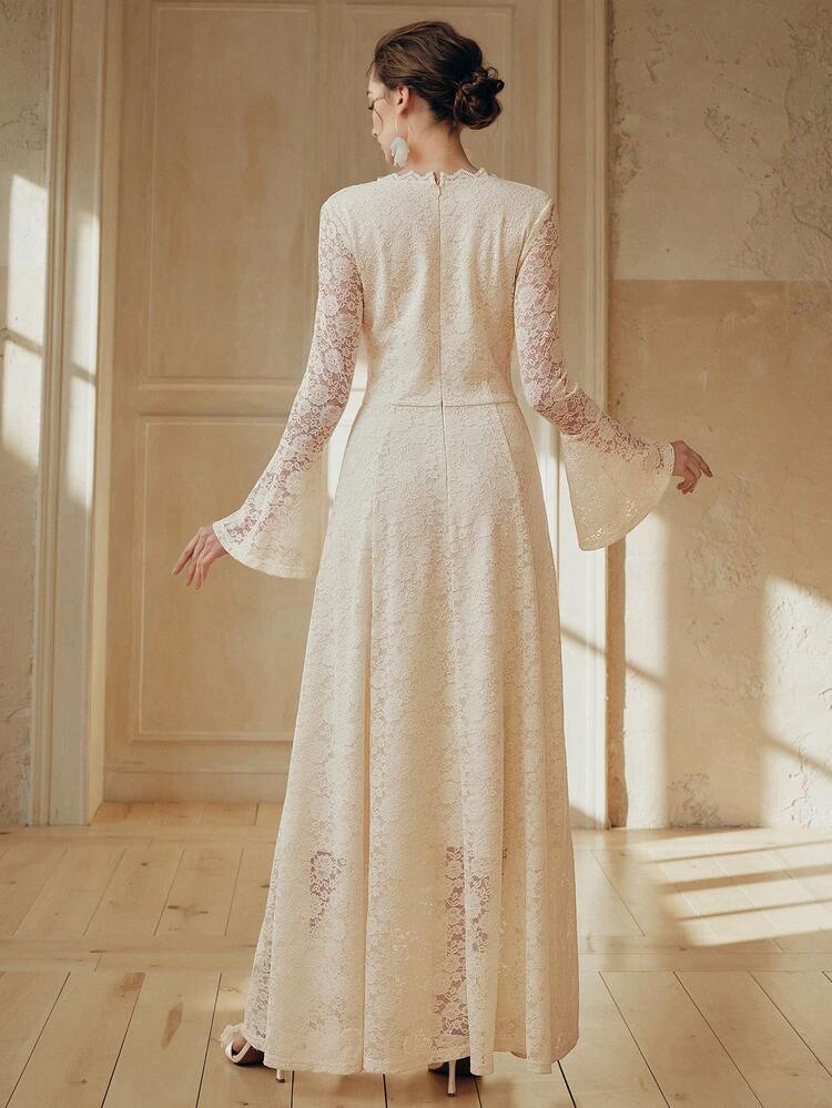 Women's New Lace Long Sleeve Maxi Elegant Delicate Luxurious A-Line Beige Dress, Spring/Summer, Suitable For Valentine's Day, Flare Sleeve
