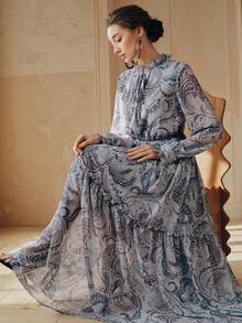 Anewsta 女士新款腰果花印花长袖优雅A字长裙，奢华精致，假日之选 - 藍色 - 查看 1