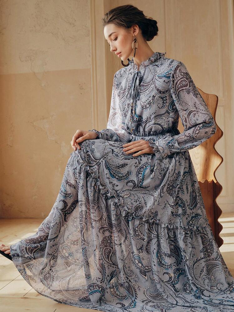 Women's New Cashew Flower Print Long Sleeve Elegant Maxi A-Line Dress, Luxurious And Sophisticated For Holidays Paisley Dress French Style Dress