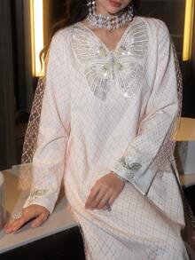 Layrah Loose Fit Long Sleeve Dress With Mesh Fabric, Butterfly Applique, Fashionable & Sweet - Baby Pink - View 1