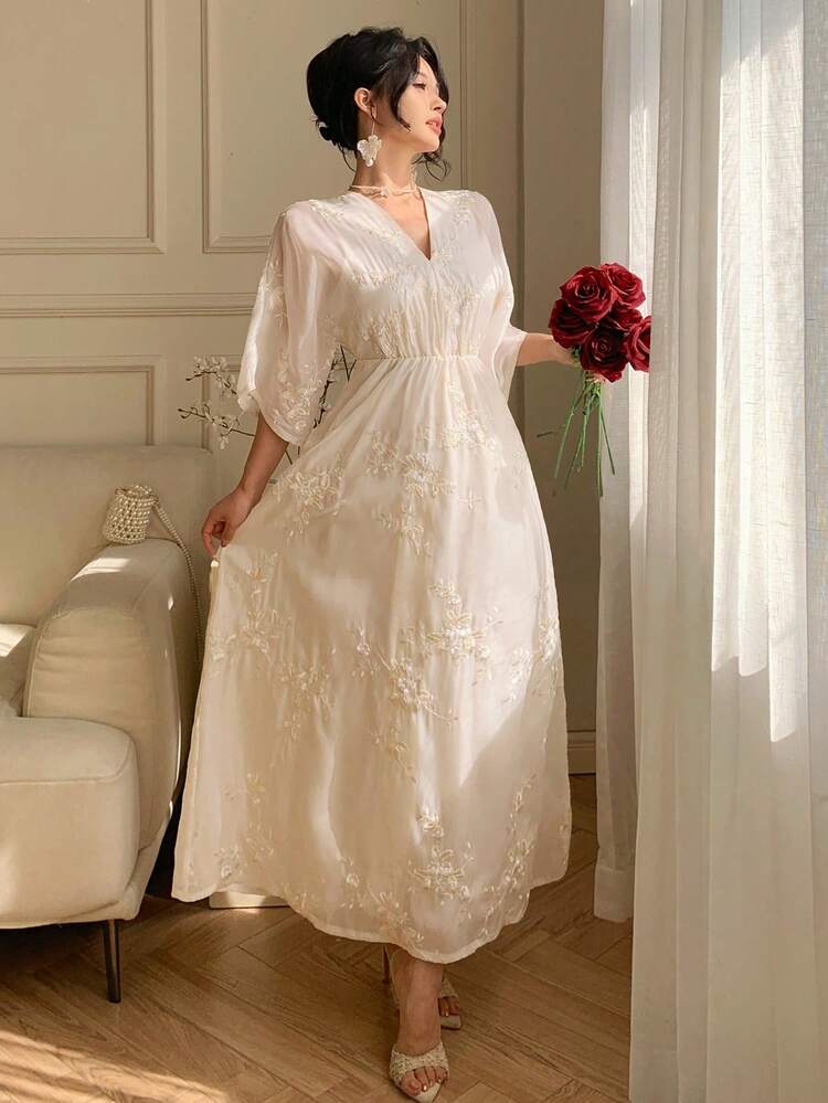 Women's V-Neck Short Sleeve Floral Embroidered Waist Cinched Dress, Elegant Sundress