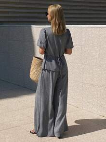 DAZY Women's V-Neck Short Sleeve Pleated Front Puff Sleeve Top And Loose Straight Elastic Waist Pants 2 Piece Casual Set - Grey - View 5