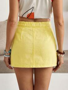 Breezaya Women's Pleated Side Slit Hem Casual Denim Skort - Yellow - View 6