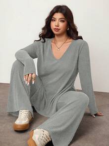 Enliva 大码休闲家居服简约露肩罗纹两件套，秋冬皆宜，适合圆润身材曲线 - 灰色 - 查看 3