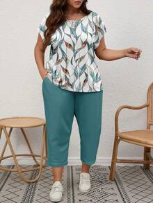 EMERY ROSE Set 2 buc tricou și pantaloni casual cu imprimeu floral pentru femei, mărime plus, potrivit pentru vacanța de vară - Multicolor - Vizualizare 6