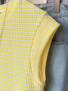 SHEIN 少女条纹圆领短袖休闲T恤，简约休闲装 - 黃色 - 查看 3