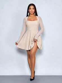 SOLERSUN 秋冬女装：优雅通勤、日常休闲、派对、闪亮亮片、黑色针织纹理面料、网眼面料、AB彩拼接、长袖、方领、A字迷你连衣裙 - 杏色 - 查看 5