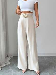 SHEIN Elenzya 女士花卉腰部设计弹力腰阔腿裤，优雅迷人，适合度假、日常、法式休闲、通勤、商务、浪漫约会、早春/春夏穿着，杏色 - 米色 - 查看 5