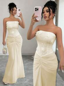 Franclia 女士网纱刺绣度假无肩带沙滩连衣裙 - 杏色 - 查看 3